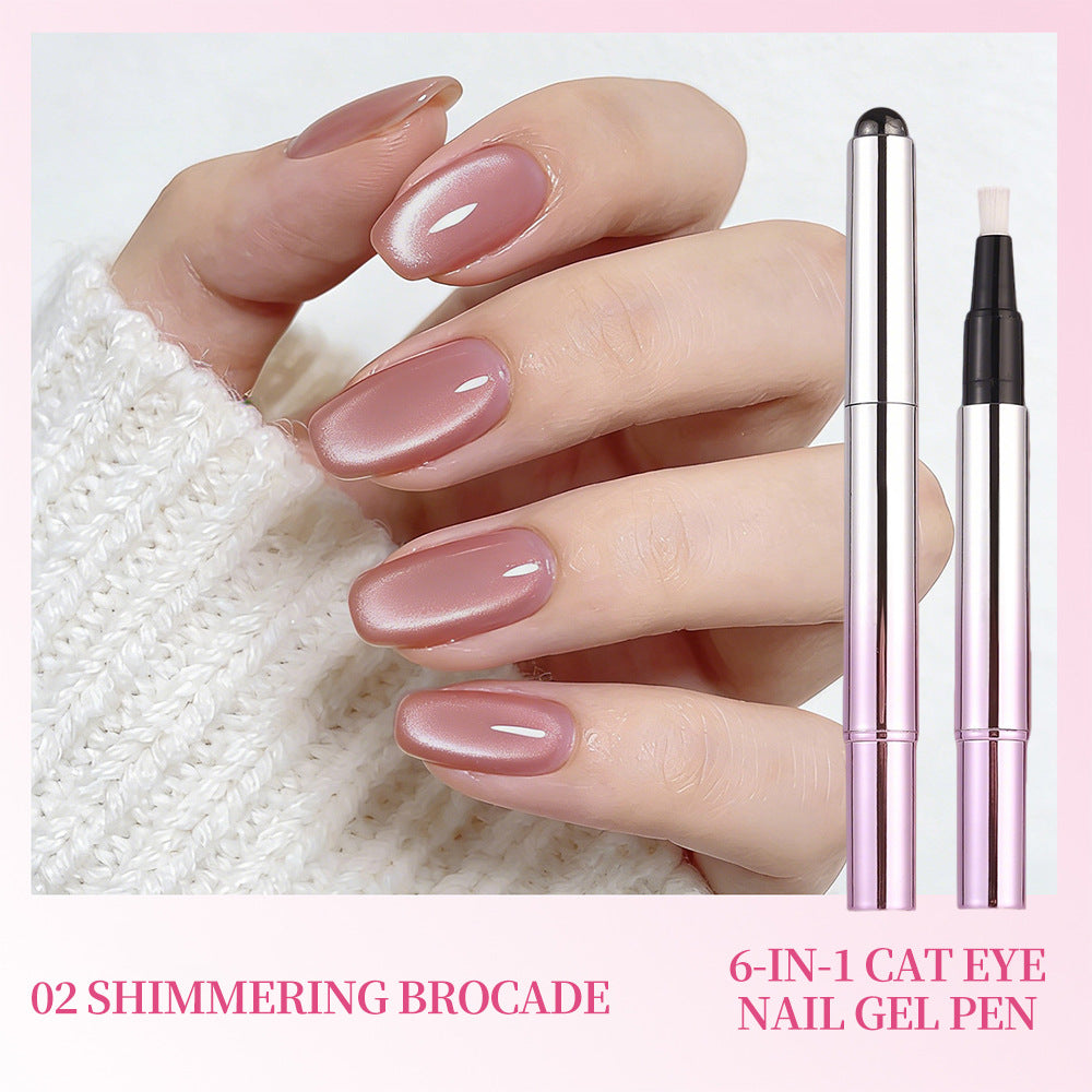 Shade 02 Shimmering Brocade — swatched manicure beside the matching cat eye gel nail pen