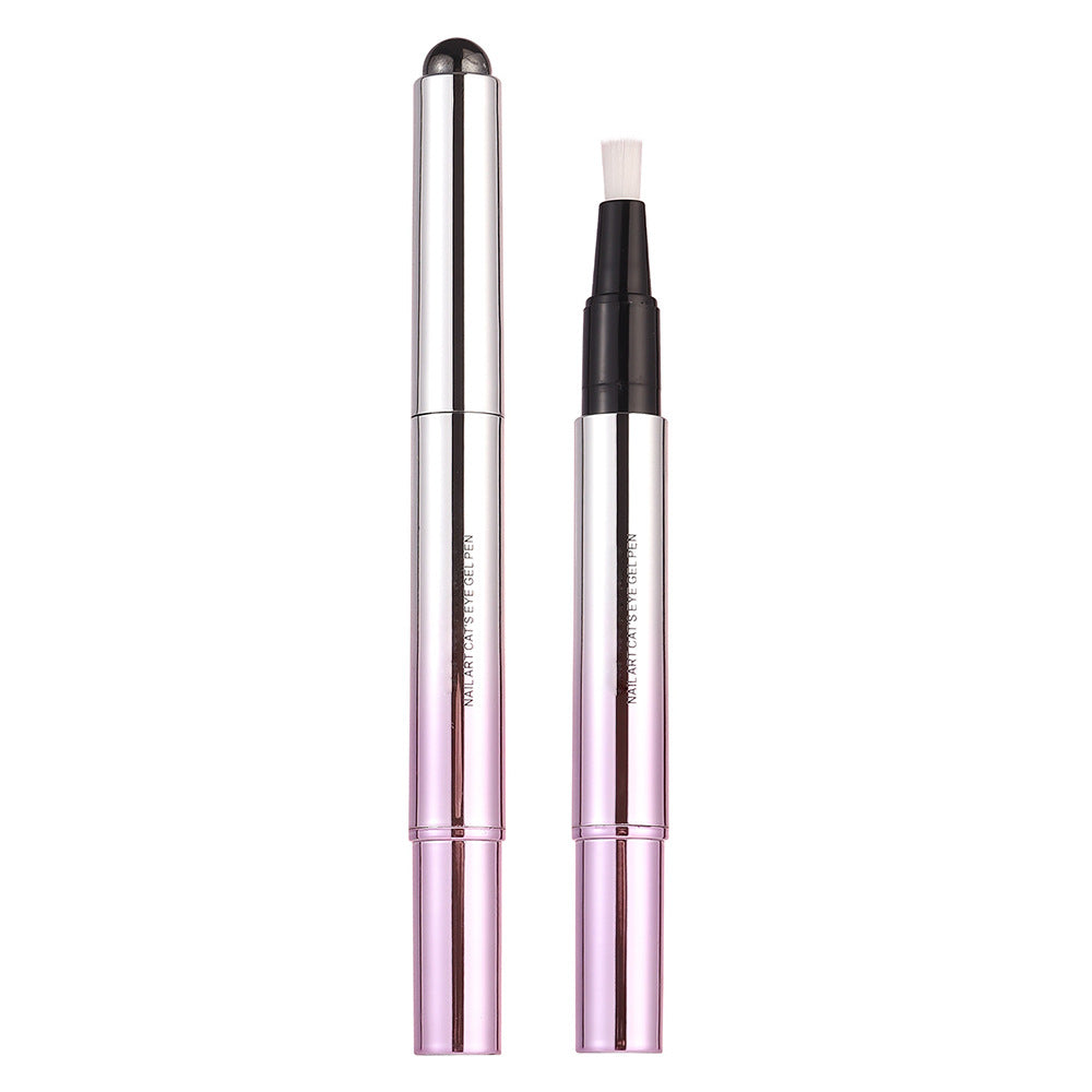 Two slim cat eye gel nail art pens with the caps removed on a white background