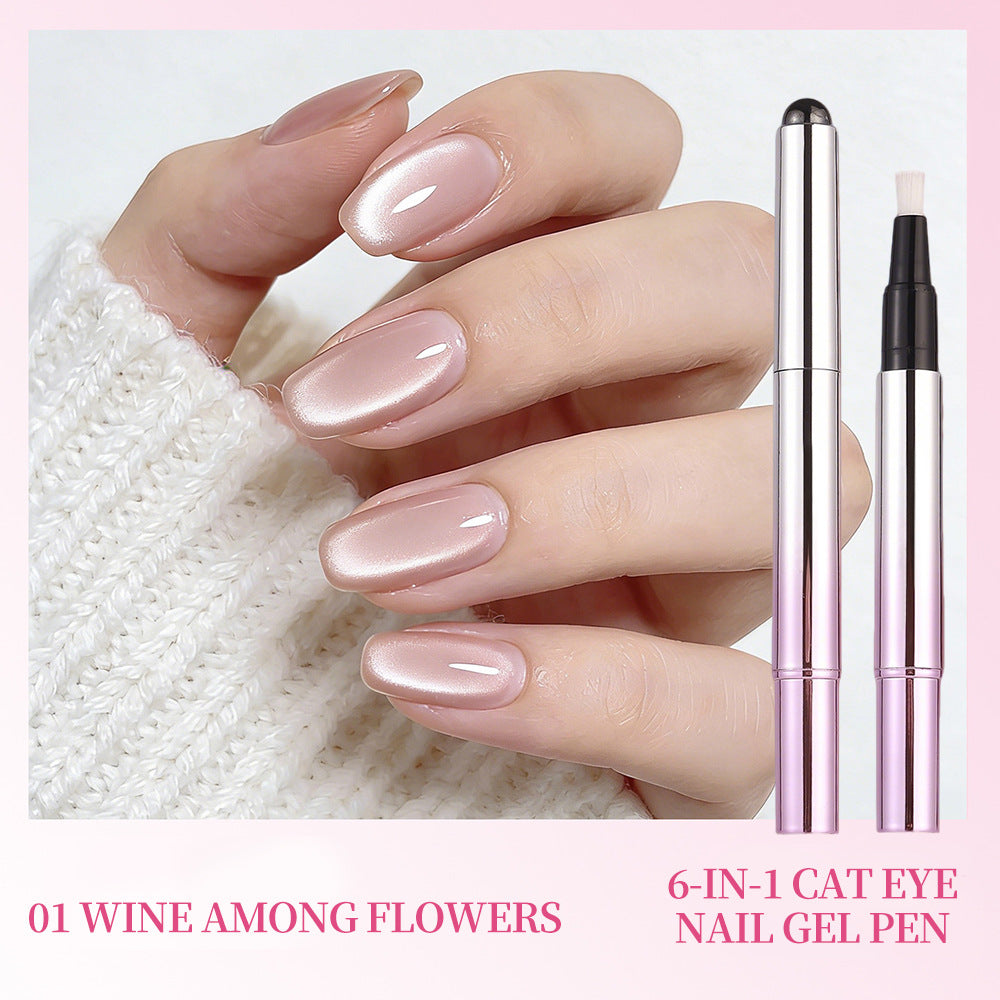 Shade 01 Wine Among Flowers — swatched manicure beside the matching cat eye gel nail pen