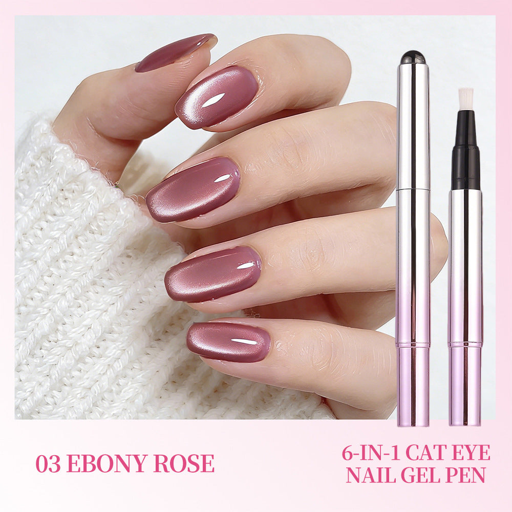 Shade 03 Ebony Rose — swatched manicure beside the matching cat eye gel nail pen