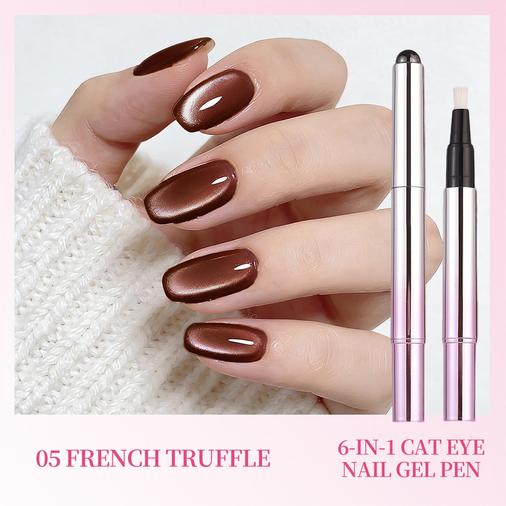 Shade 05 French Truffle — swatched manicure beside the matching cat eye gel nail pen