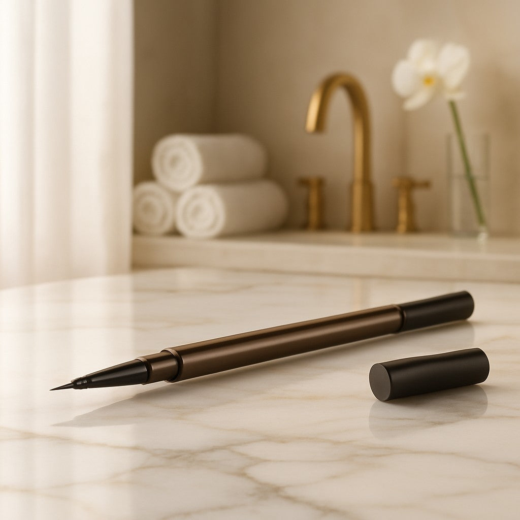 Waterproof Dual Ended Eyebrow Pencil by GECOMO — product styled on a pale marble bathroom vanity
