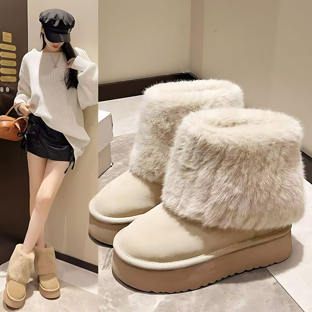 Women's winter snow boots in apricot — fleece-lined boot with a fluffy fold-over faux-fur cuff and chunky platform sole