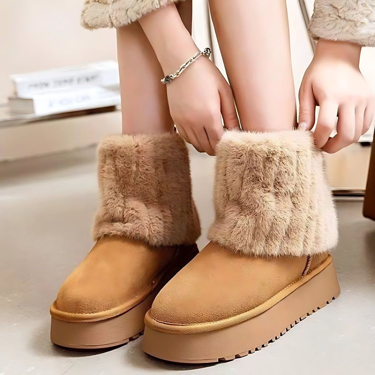 Khaki fleece-lined snow boots worn with the fold-over faux-fur cuff up, chunky platform sole