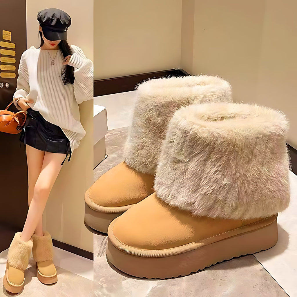 Women's winter snow boots in khaki — fleece-lined boot with a fluffy fold-over faux-fur cuff and chunky platform sole